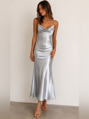 Audrey 3+1 Ice Blue Satin Maxi Dress | Cowl Neck | Side Slit | Size Medium